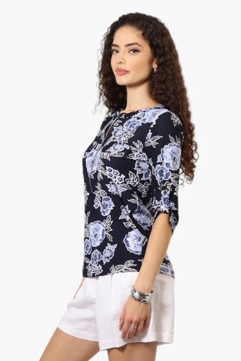 Beechers Brook Floral Half Zip Roll Up Sleeve Shirt - Navy