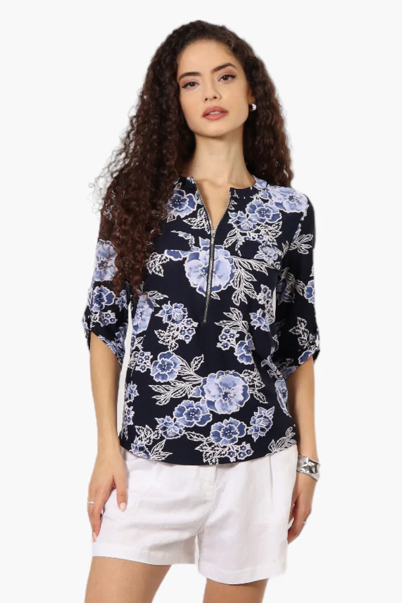 Beechers Brook Floral Half Zip Roll Up Sleeve Shirt - Navy