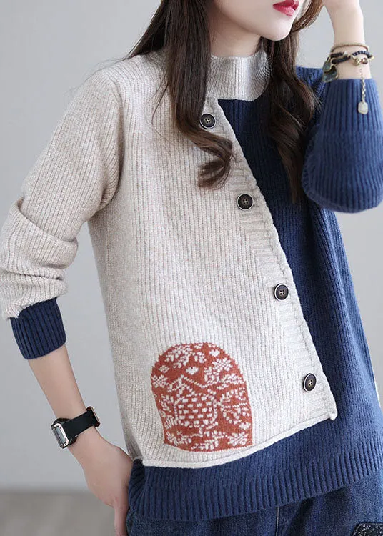 Beige Blue Print Loose Knitted Tops button Spring