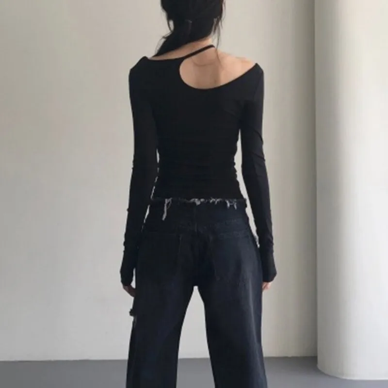 Black Asymmetrical Skinny Cut Out Top