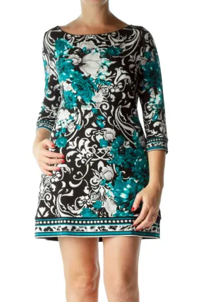 Black Green Floral Printed Shift Dress