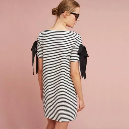 Bowknot Stripe Round Neck Short Sleeve Shift Dresses