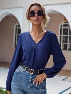 Casual Plain Long Sleeve V Neck Regular Blouse