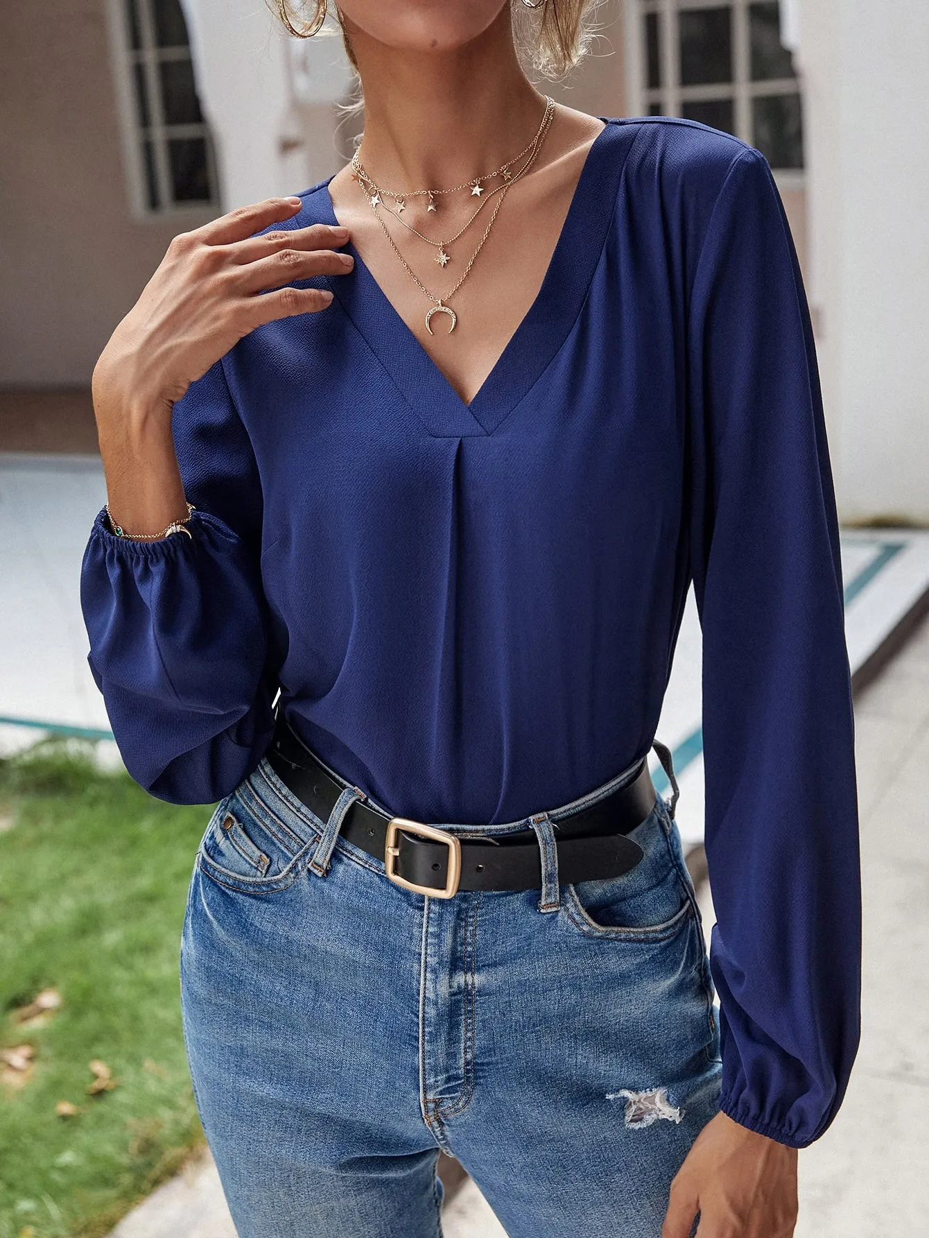 Casual Plain Long Sleeve V Neck Regular Blouse