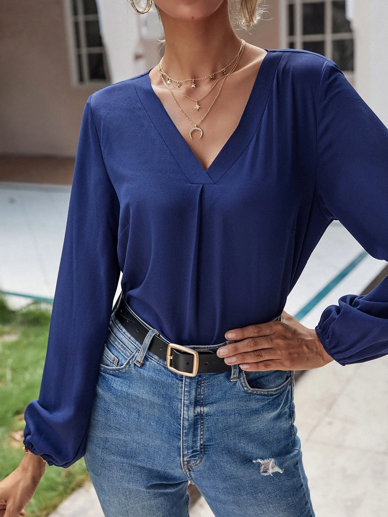 Casual Plain Long Sleeve V Neck Regular Blouse