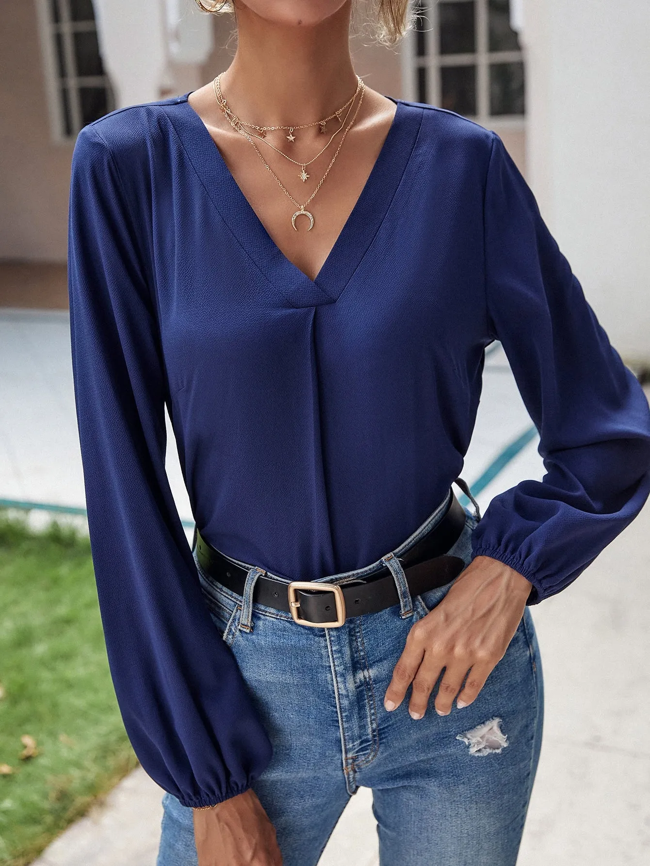 Casual Plain Long Sleeve V Neck Regular Blouse