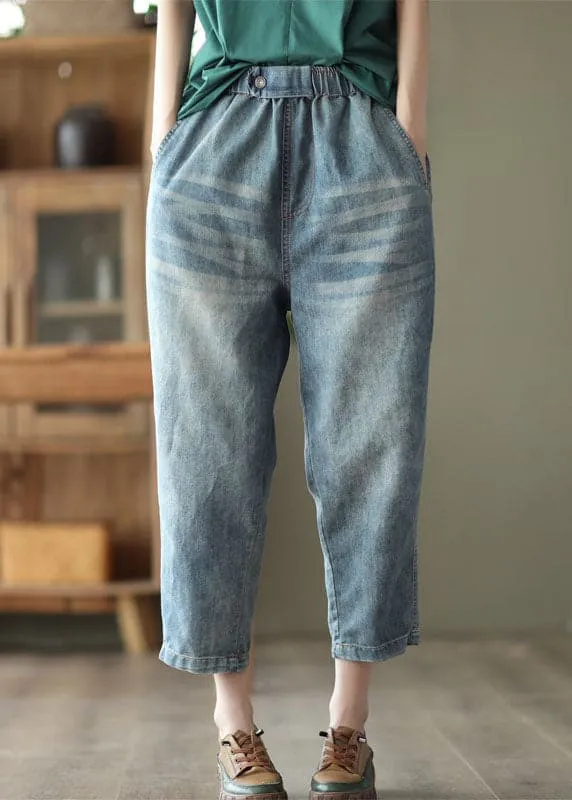 Classy Light Blue Elastic Waist Pockets Cotton Denim Crop Pants Summer