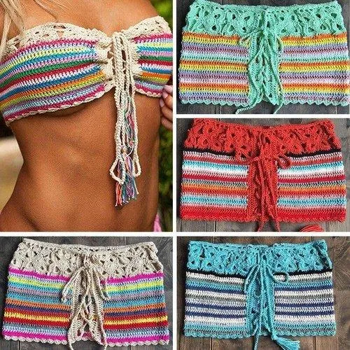 Colorful Crochet Patchwork Strapless Knitted Top