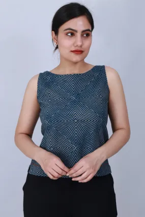 Dharan 'Crop Top' Indigo Block Printed Top