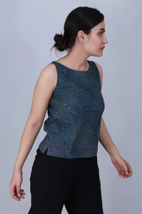 Dharan 'Crop Top' Indigo Block Printed Top