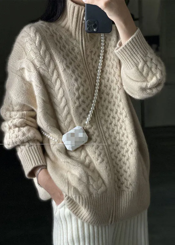 DIY Beige Zip Up Casual Woolen Knitted Tops Coat Winters