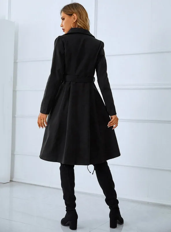 Double-breasted Woolen Cloth Black Coat with Belt