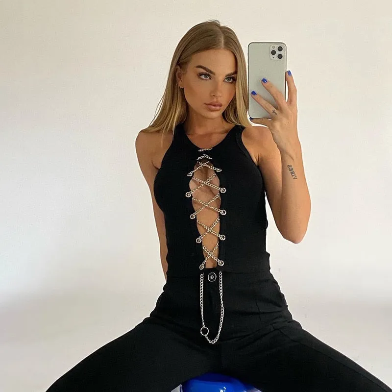 Fashion Sleeveless Lace Up Chain White Crop Tops for Women Club Party Backless Knitted Sexy Top Cropped Streetwear