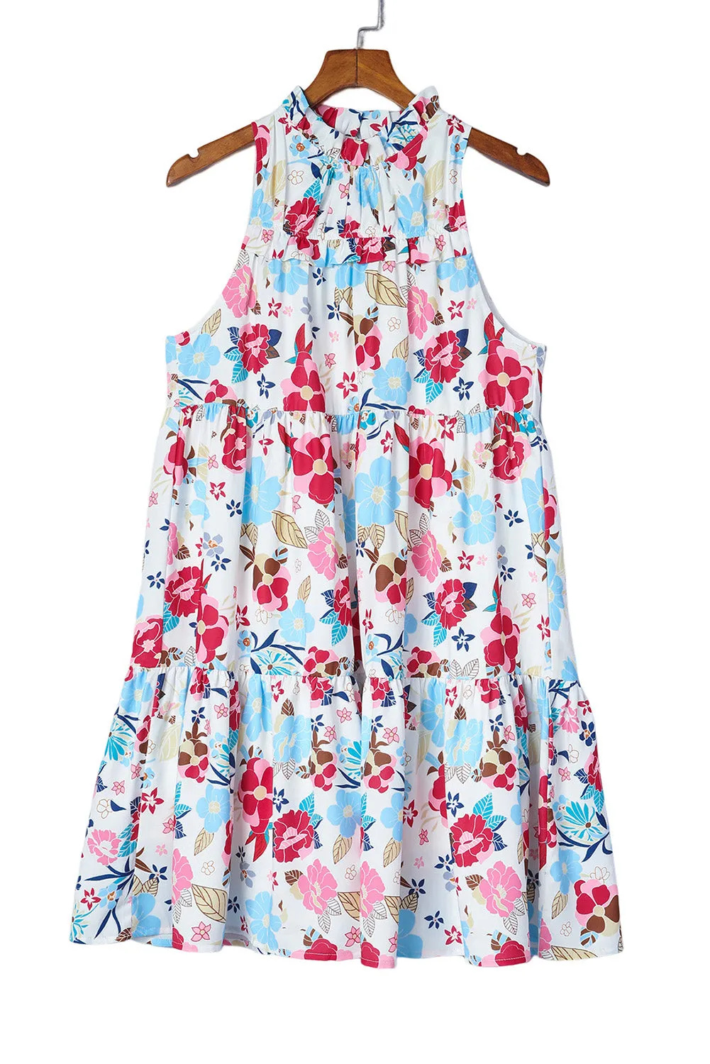 Frill Mock Neck Sleeveless Tiered Floral Dresses