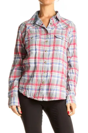 Gray Red Casual Checkered Top