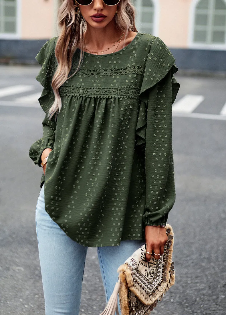 Green Long Sleeve Blouses Ruffle Dot Loose Fit Casual Tops