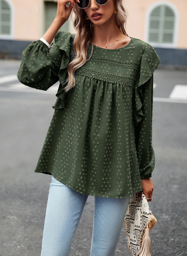 Green Long Sleeve Blouses Ruffle Dot Loose Fit Casual Tops