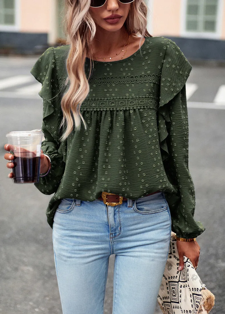 Green Long Sleeve Blouses Ruffle Dot Loose Fit Casual Tops