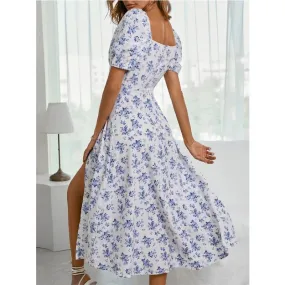 Hnzxzm Floral Print Puff Sleeve Ruched Bust Slit Dress Women Square Neck High Waist A-line Long Dresses Elegant Ladies Summer Sexy Robe