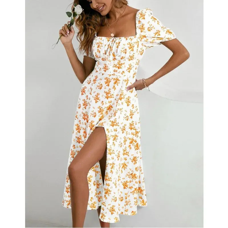 Hnzxzm Floral Print Puff Sleeve Ruched Bust Slit Dress Women Square Neck High Waist A-line Long Dresses Elegant Ladies Summer Sexy Robe