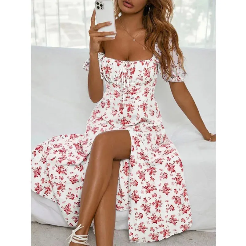 Hnzxzm Floral Print Puff Sleeve Ruched Bust Slit Dress Women Square Neck High Waist A-line Long Dresses Elegant Ladies Summer Sexy Robe