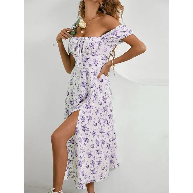 Hnzxzm Floral Print Puff Sleeve Ruched Bust Slit Dress Women Square Neck High Waist A-line Long Dresses Elegant Ladies Summer Sexy Robe