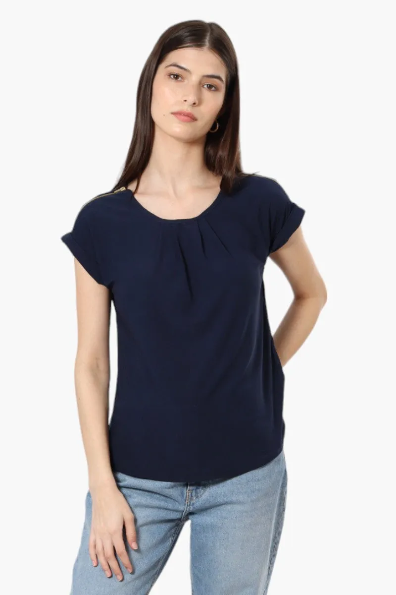 International INC Company Zip Shoulder Cap Sleeve Blouse - Navy