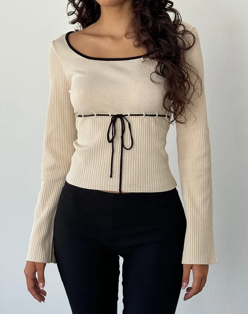 Juhye Knitted Long Sleeve Top in Beige with Black Binding