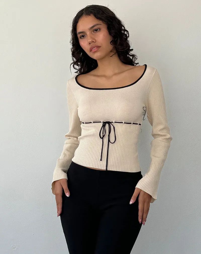 Juhye Knitted Long Sleeve Top in Beige with Black Binding