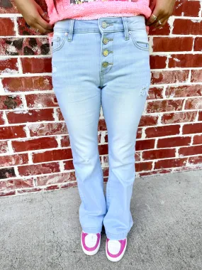 Light Stone Petite Mid Rise Flare Jeans