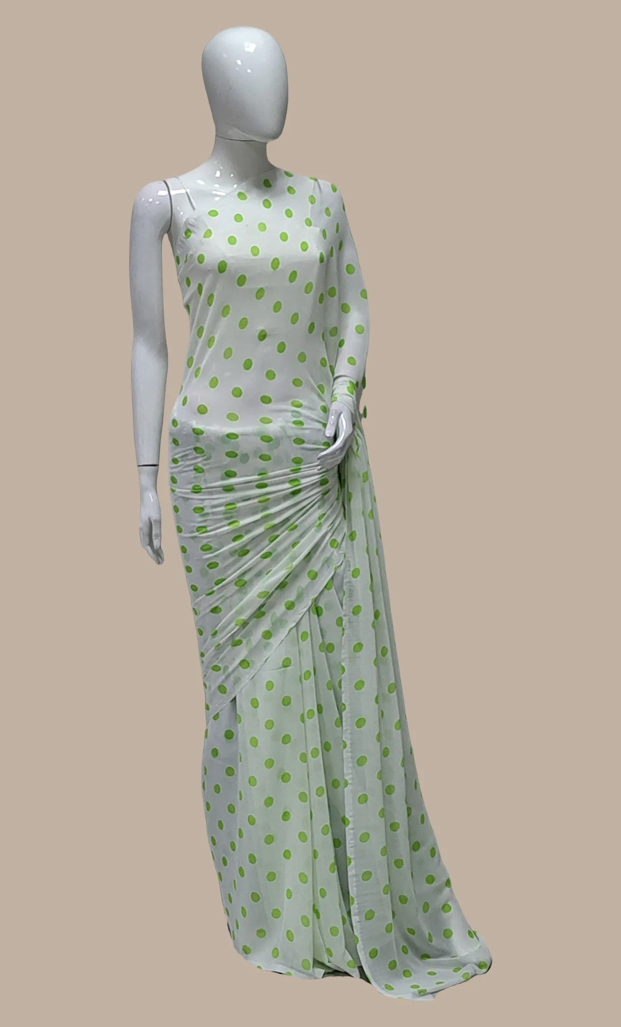 Lime Green Polka Dot Printed Sari