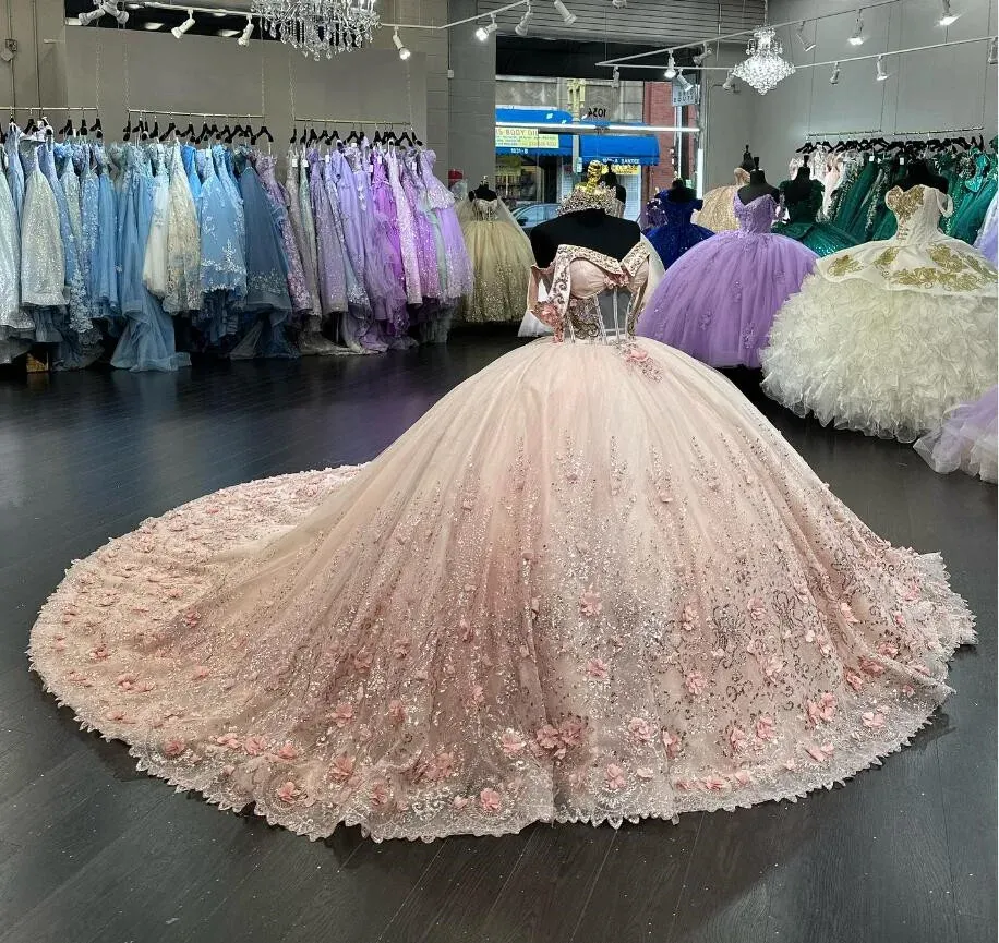 Luxury Sparkly Fairytail Quinceanera Dresses Off Shoulder Gillter 3D Floral