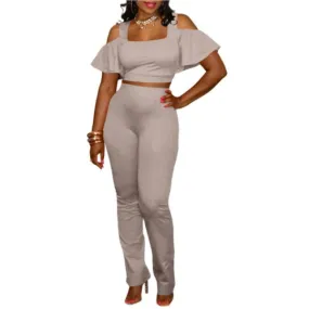 MB FASHON Cold-Shoulder Crop Top and Slim-Fit Pants Two-Piece Set 199R