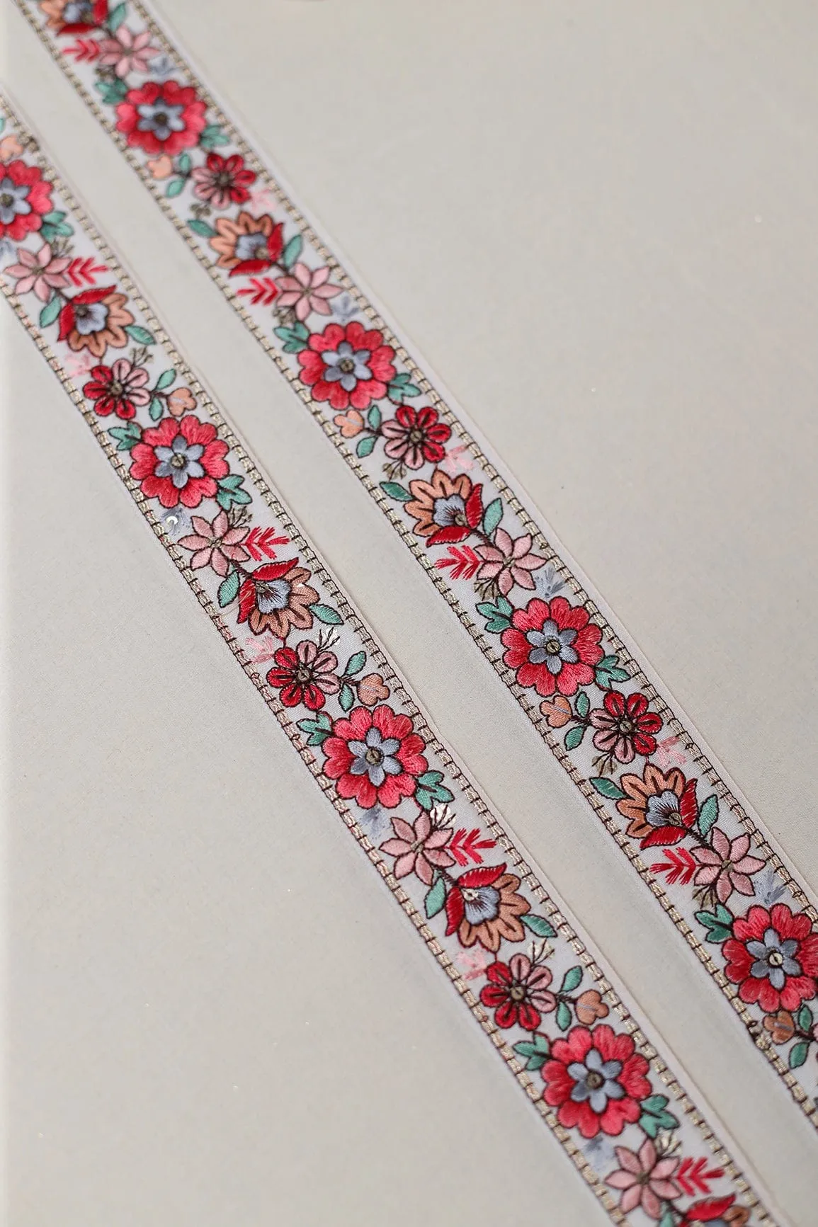 Multi Color Floral Thread Work With Gold Sequins White Embroidered Lace (9 Meters)