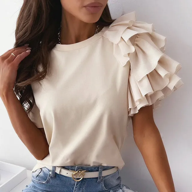 O Neck Solid Blouse Shirt Layered Ruffle Tops Blusa