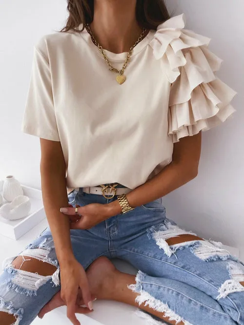 O Neck Solid Blouse Shirt Layered Ruffle Tops Blusa