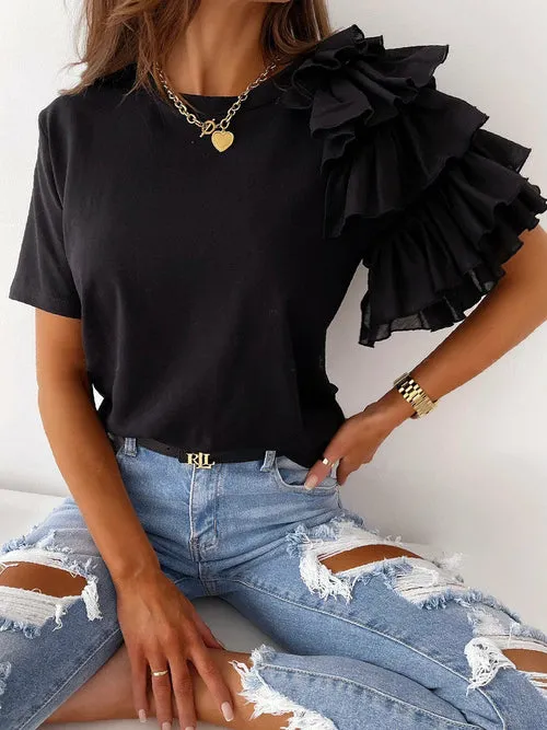 O Neck Solid Blouse Shirt Layered Ruffle Tops Blusa