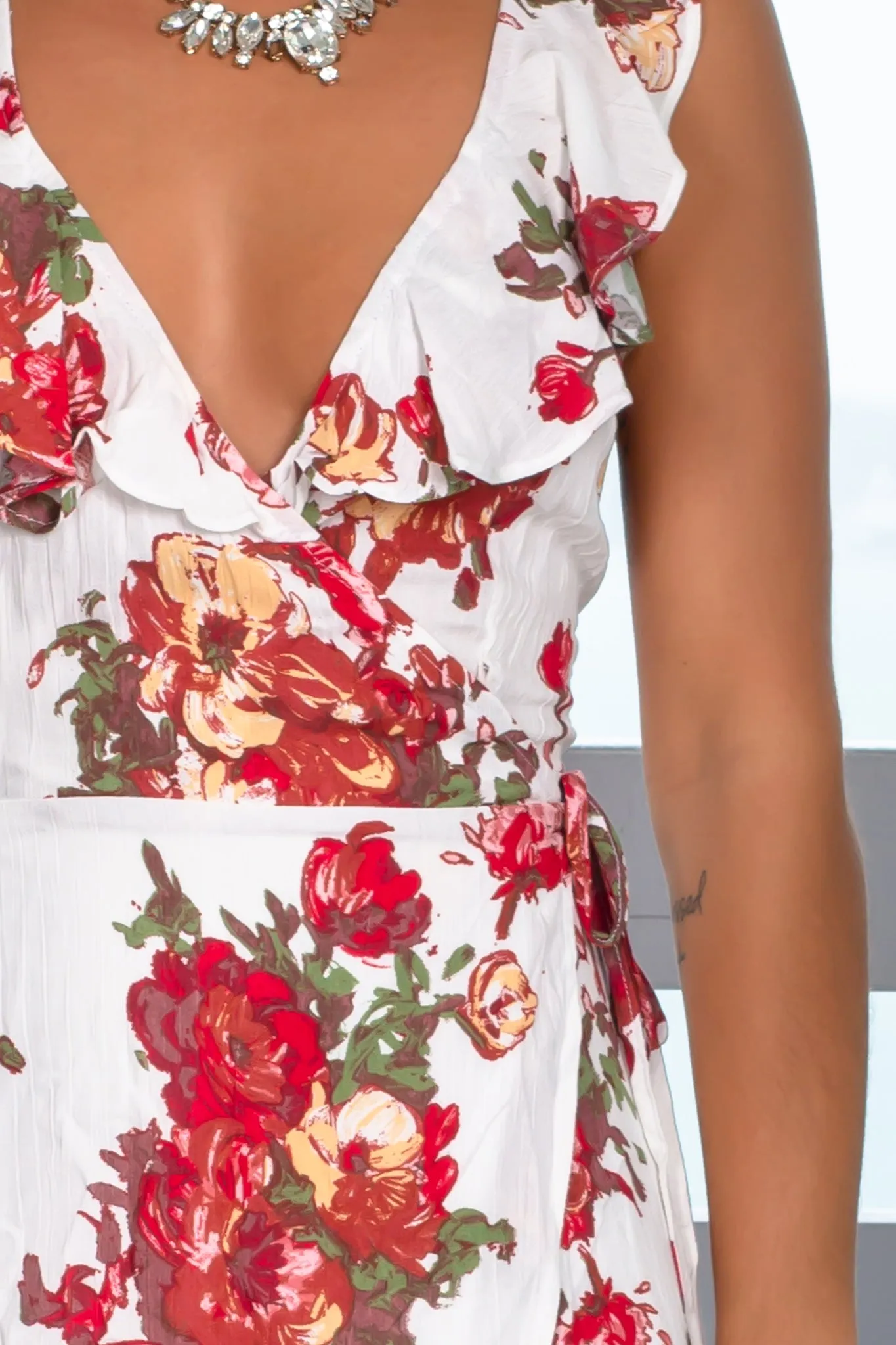 Off White Floral Ruffle Wrap Dress with Criss Cross Back