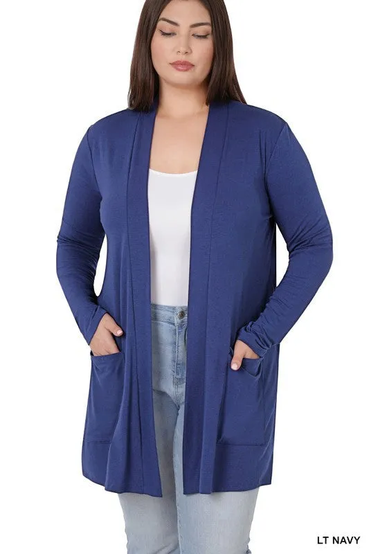 #P825 Plus Stylish Pocket Open Cardigan