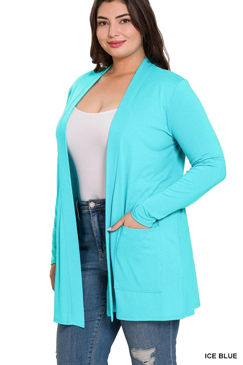 #P825 Plus Stylish Pocket Open Cardigan