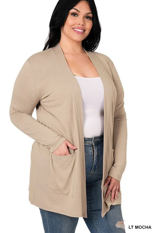 #P825 Plus Stylish Pocket Open Cardigan