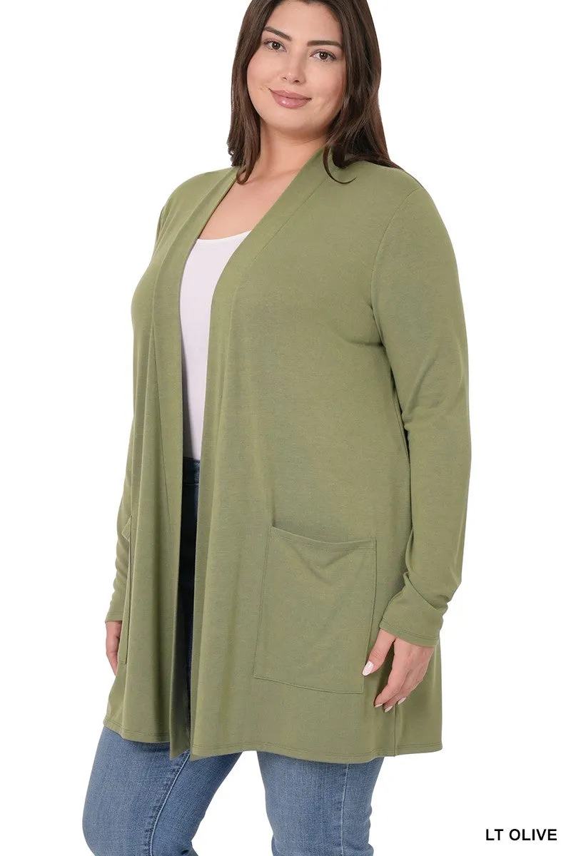 #P825 Plus Stylish Pocket Open Cardigan