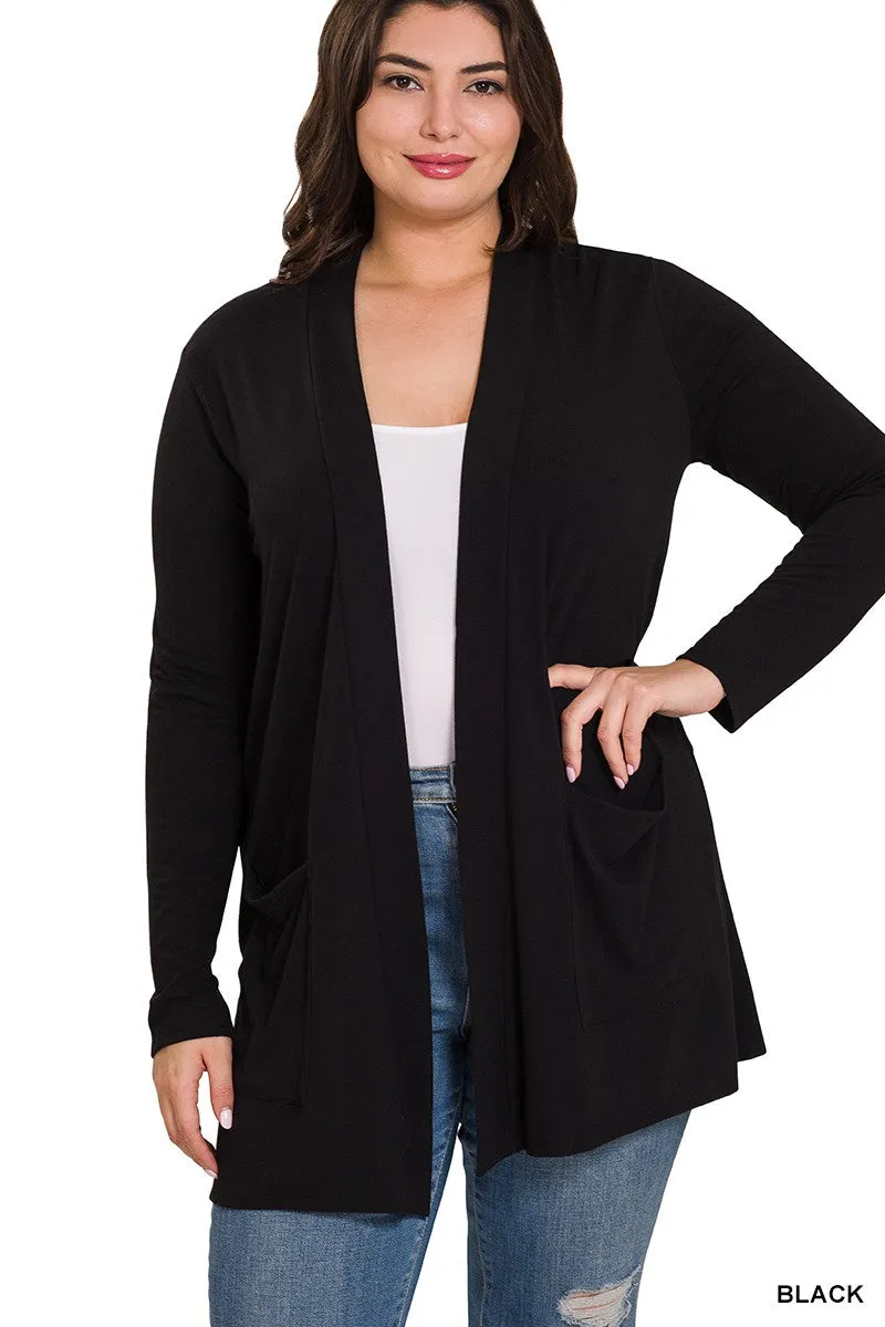 #P825 Plus Stylish Pocket Open Cardigan