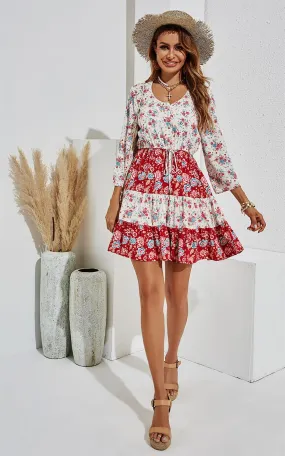 Red Floral Mini Boho Summer Dress In White