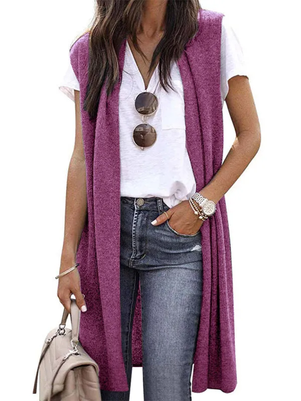 Solid Mid-Length Sleeveless Cardigan Vest with Open Front