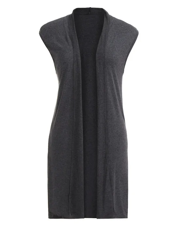 Solid Mid-Length Sleeveless Cardigan Vest with Open Front