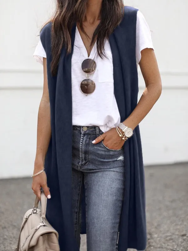 Solid Mid-Length Sleeveless Cardigan Vest with Open Front