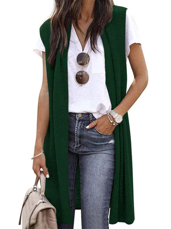 Solid Mid-Length Sleeveless Cardigan Vest with Open Front