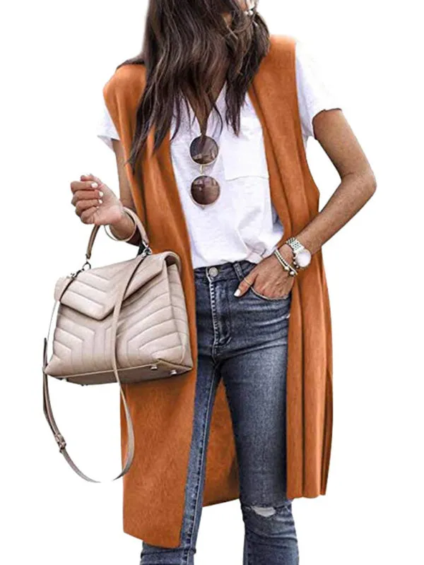 Solid Mid-Length Sleeveless Cardigan Vest with Open Front