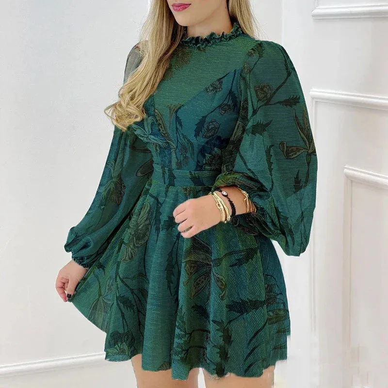 Transparent Lantern Sleeve Pleat Casual High Waist Loose A-line Patchwork Print Floral Elegant Dress